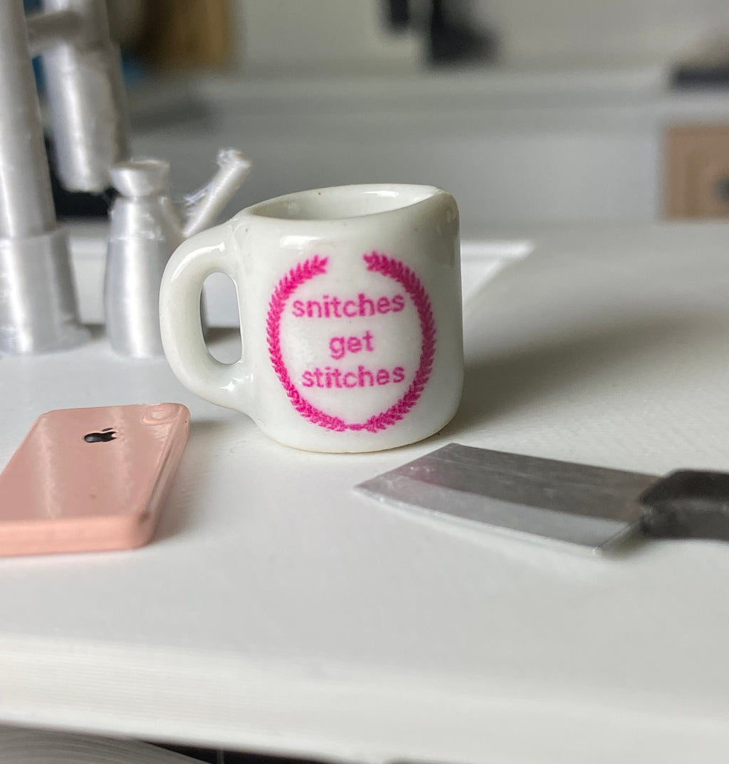 Dollhouse miniature coffee mug Snitches get Stitches, dollhouse dishes