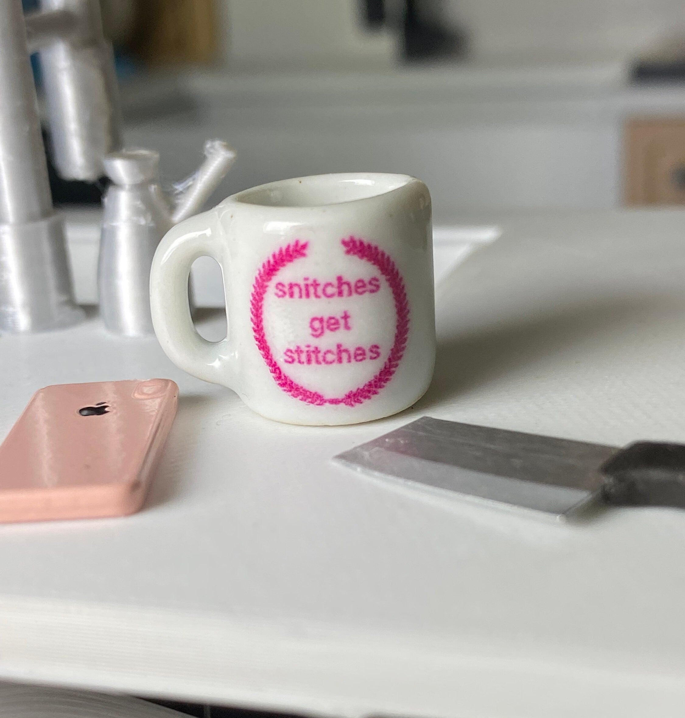 Dollhouse miniature coffee mug Snitches get Stitches, dollhouse dishes