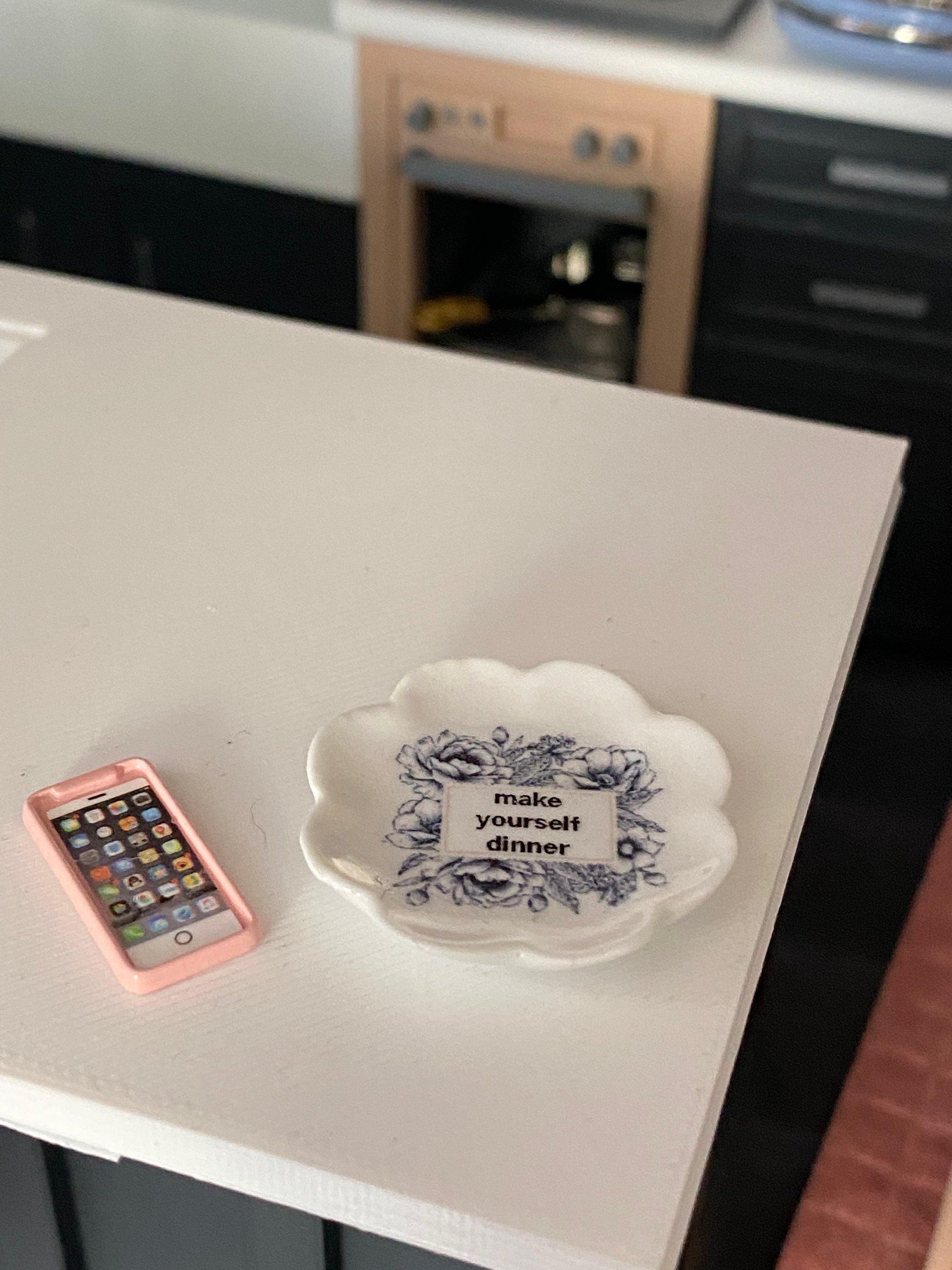 Dollhouse miniature plate, 1/12 scale dishes "make yourself dinner" plate