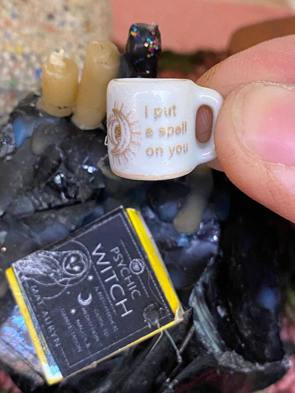 Dollhouse miniature coffee mug "I put a spell on you" 1/12 scale magical witch