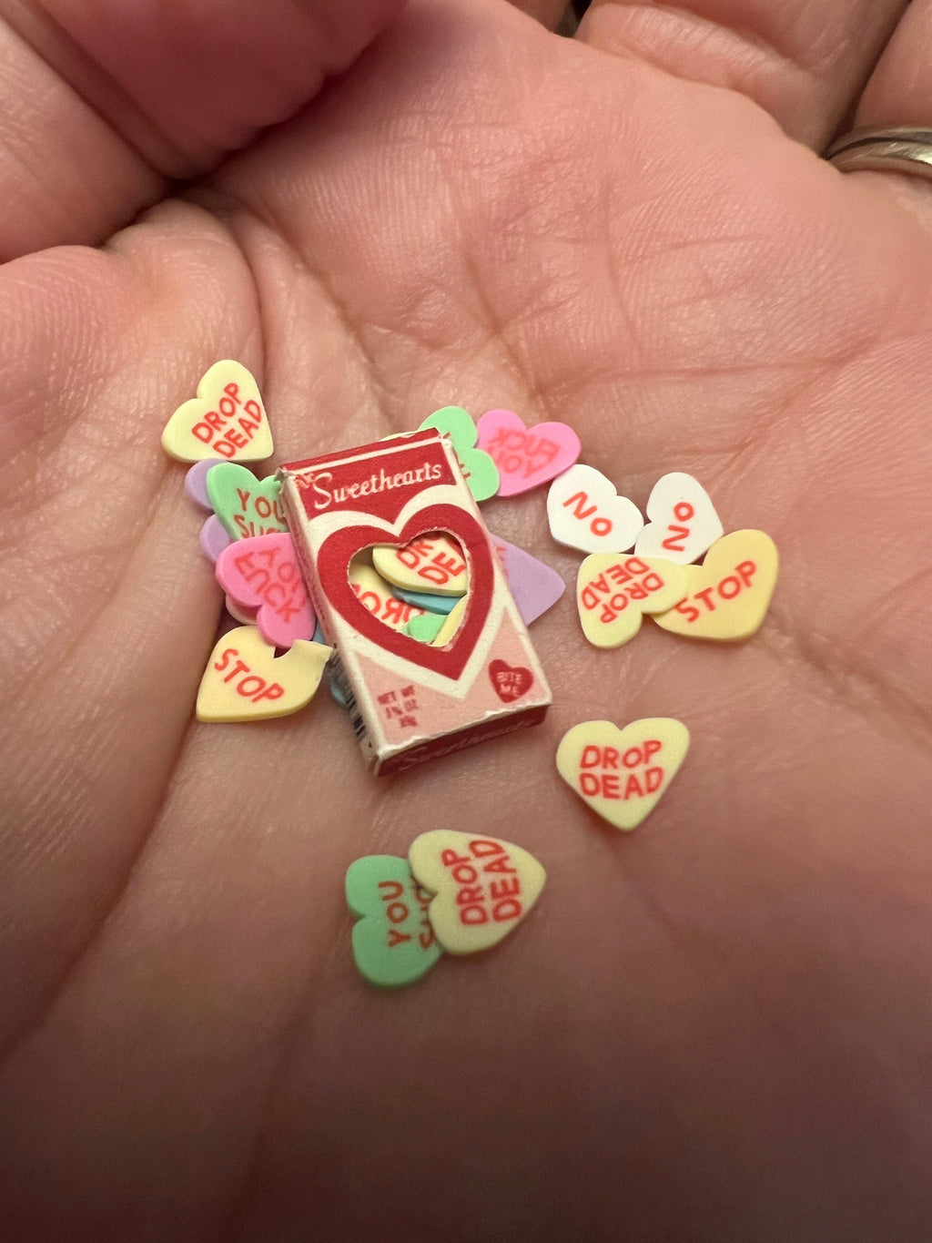 Dollhouse miniature Valentines Day candy hearts, ANTI VALENTINE'S DAY, 1/12 scale 1/6 scale