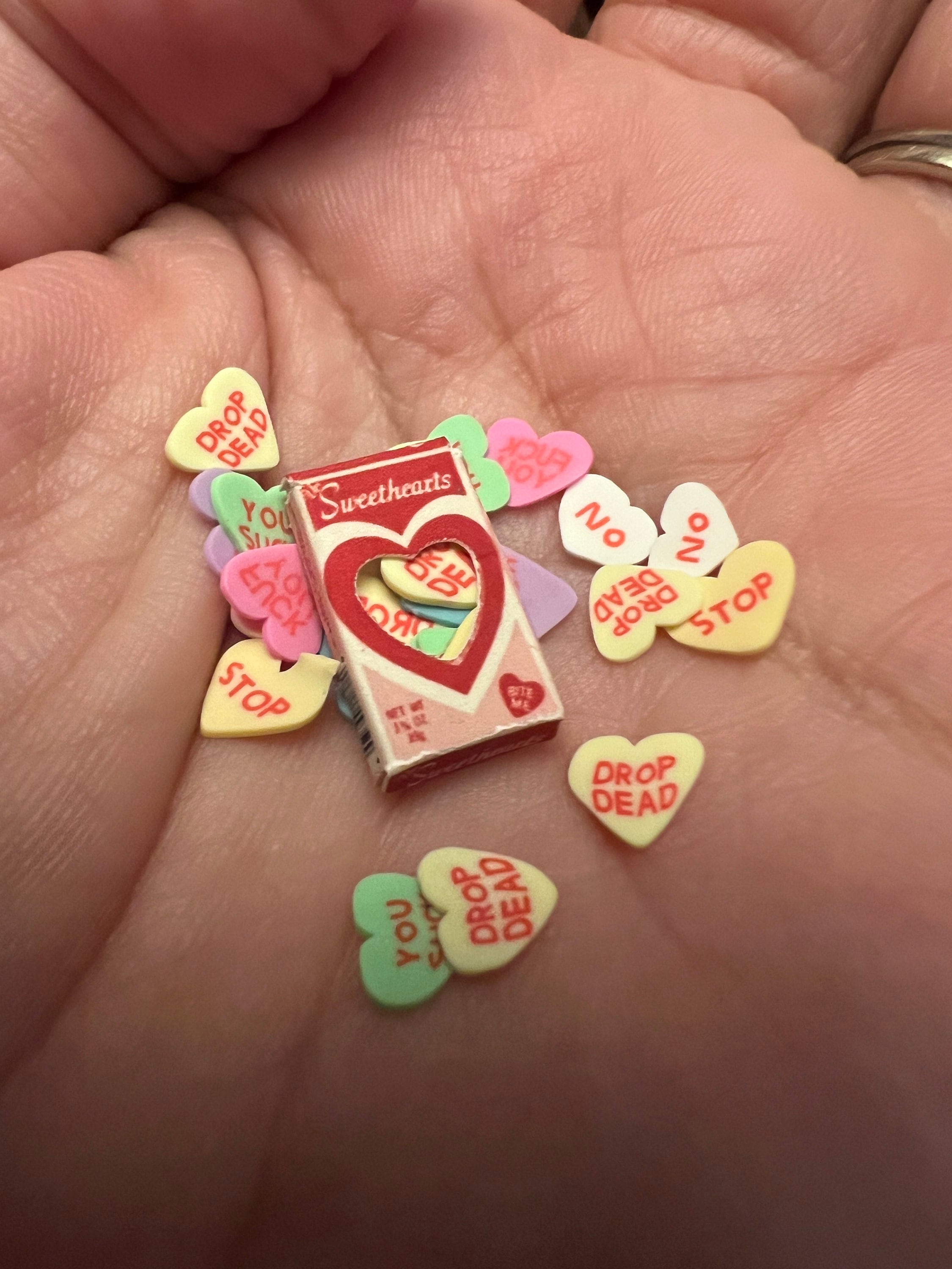 Dollhouse miniature Valentines Day candy hearts, ANTI VALENTINE'S DAY, 1/12 scale 1/6 scale