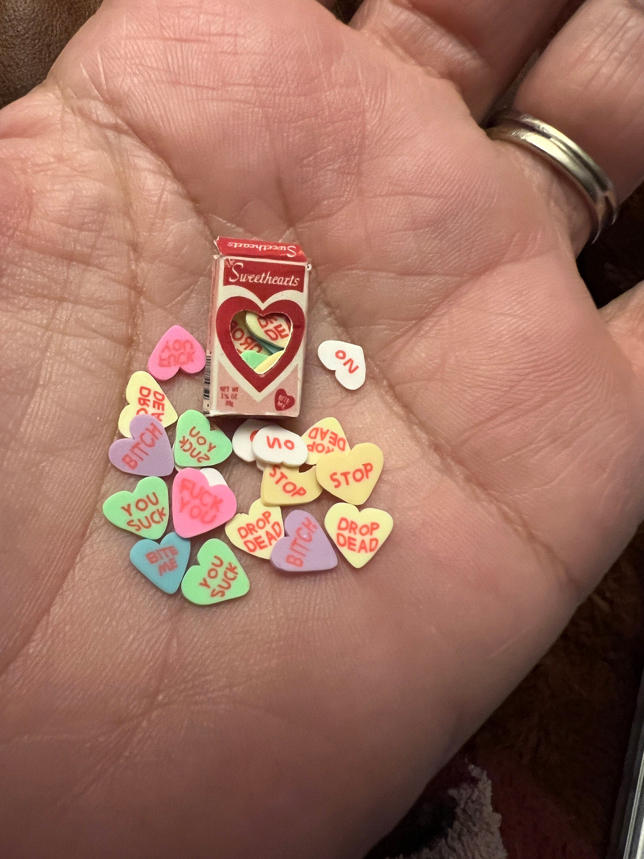 Dollhouse miniature Valentines Day candy hearts, ANTI VALENTINE'S DAY, 1/12 scale 1/6 scale