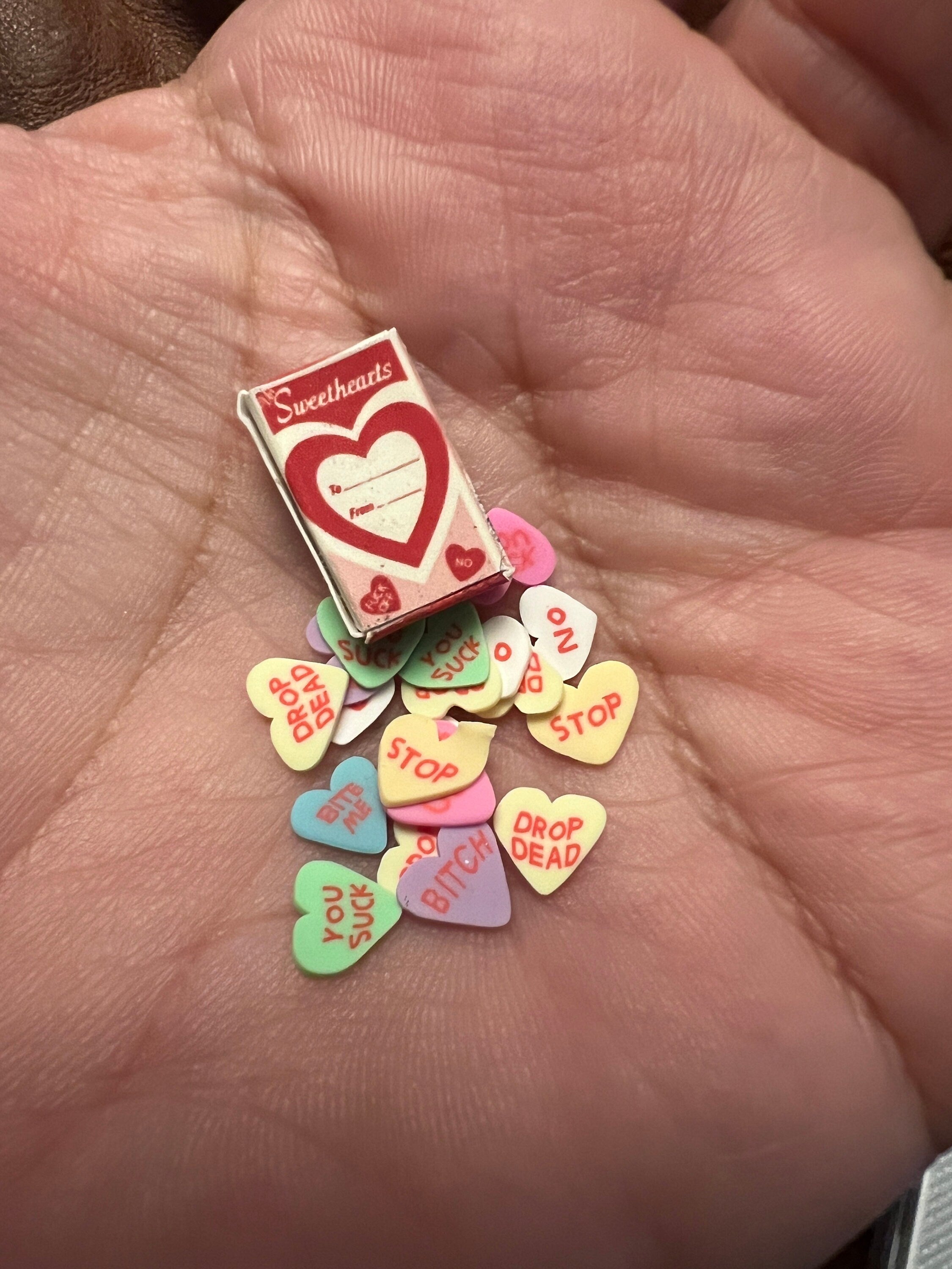 Dollhouse miniature Valentines Day candy hearts, ANTI VALENTINE'S DAY, 1/12 scale 1/6 scale