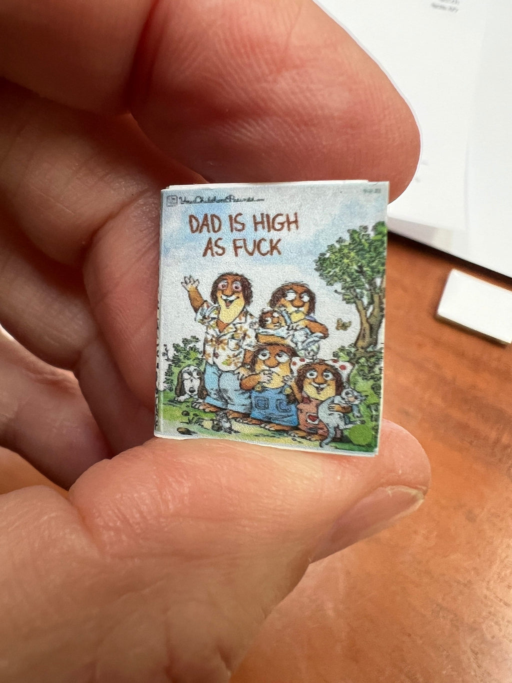 Dollhouse Miniature book, Dad’s high as fuck, 1/12 scale dollhouse book, blank inside, 1/6 scale option