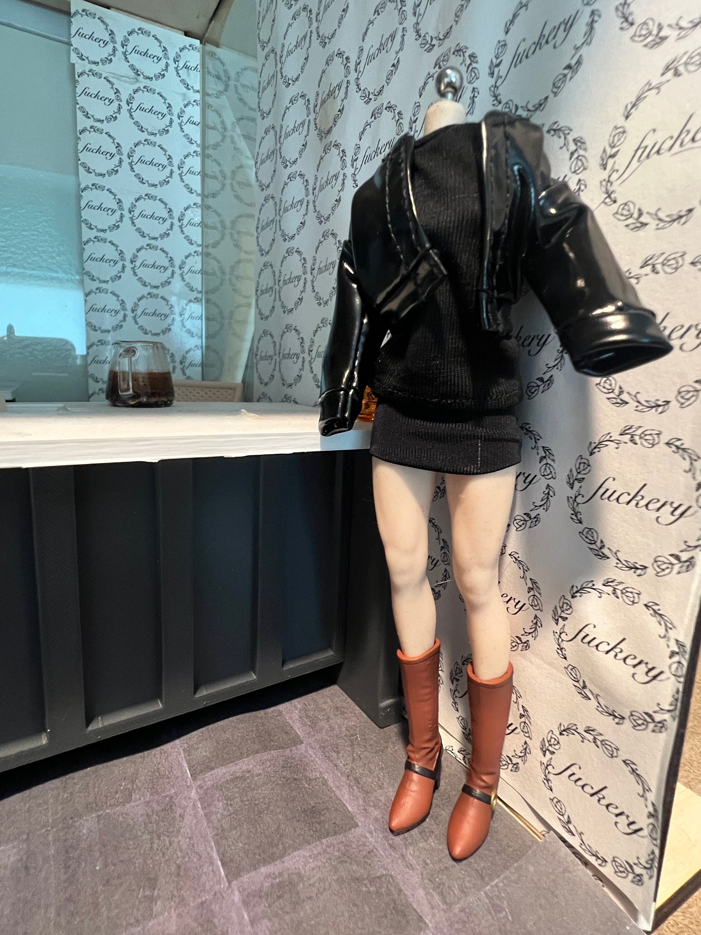 dollhouse miniature leather women's jacket 1/12 coat moto biker pleather punk rock