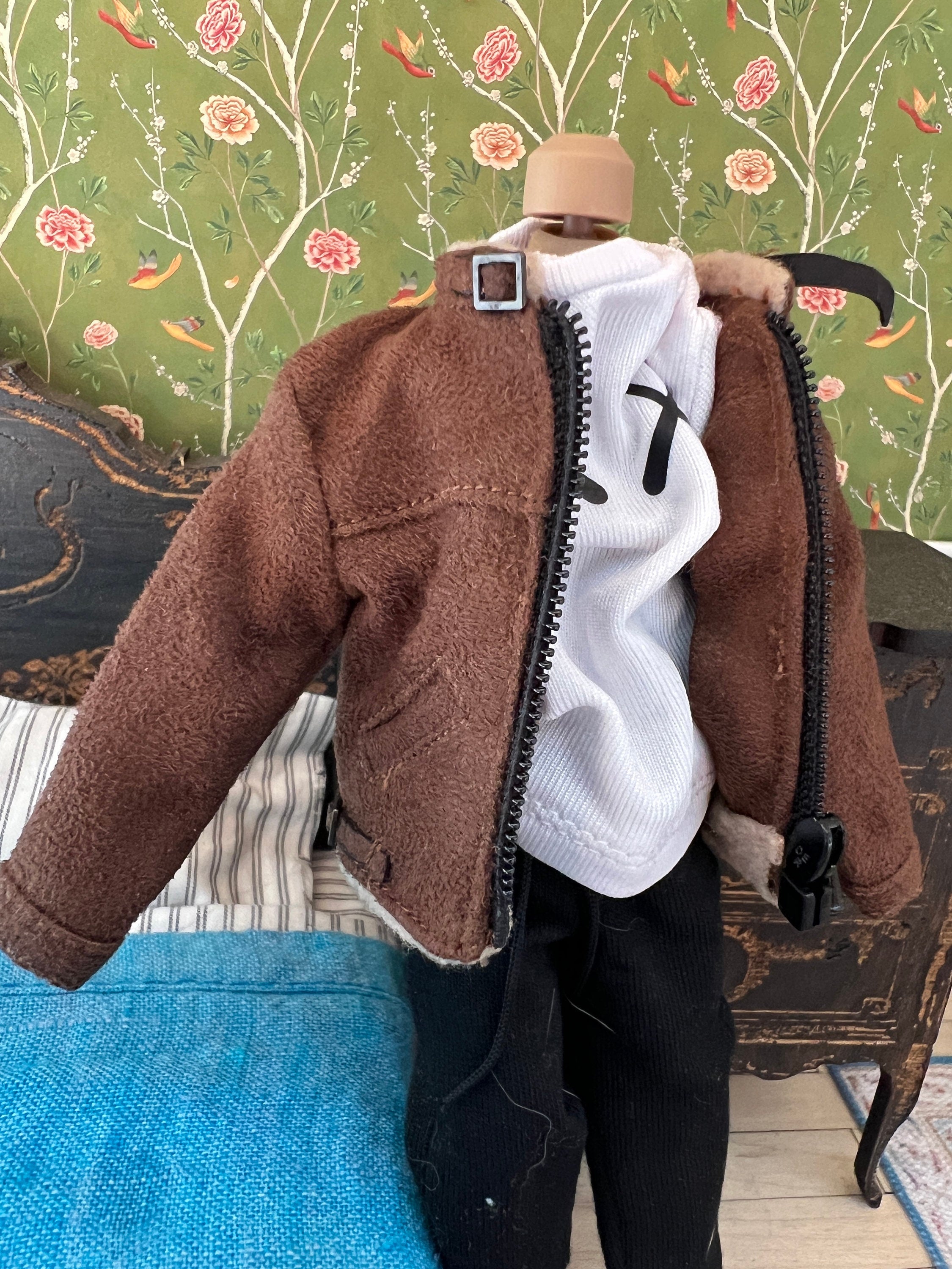 Dollhouse miniature coat jacket 1/12 brown faux leather suede jacket