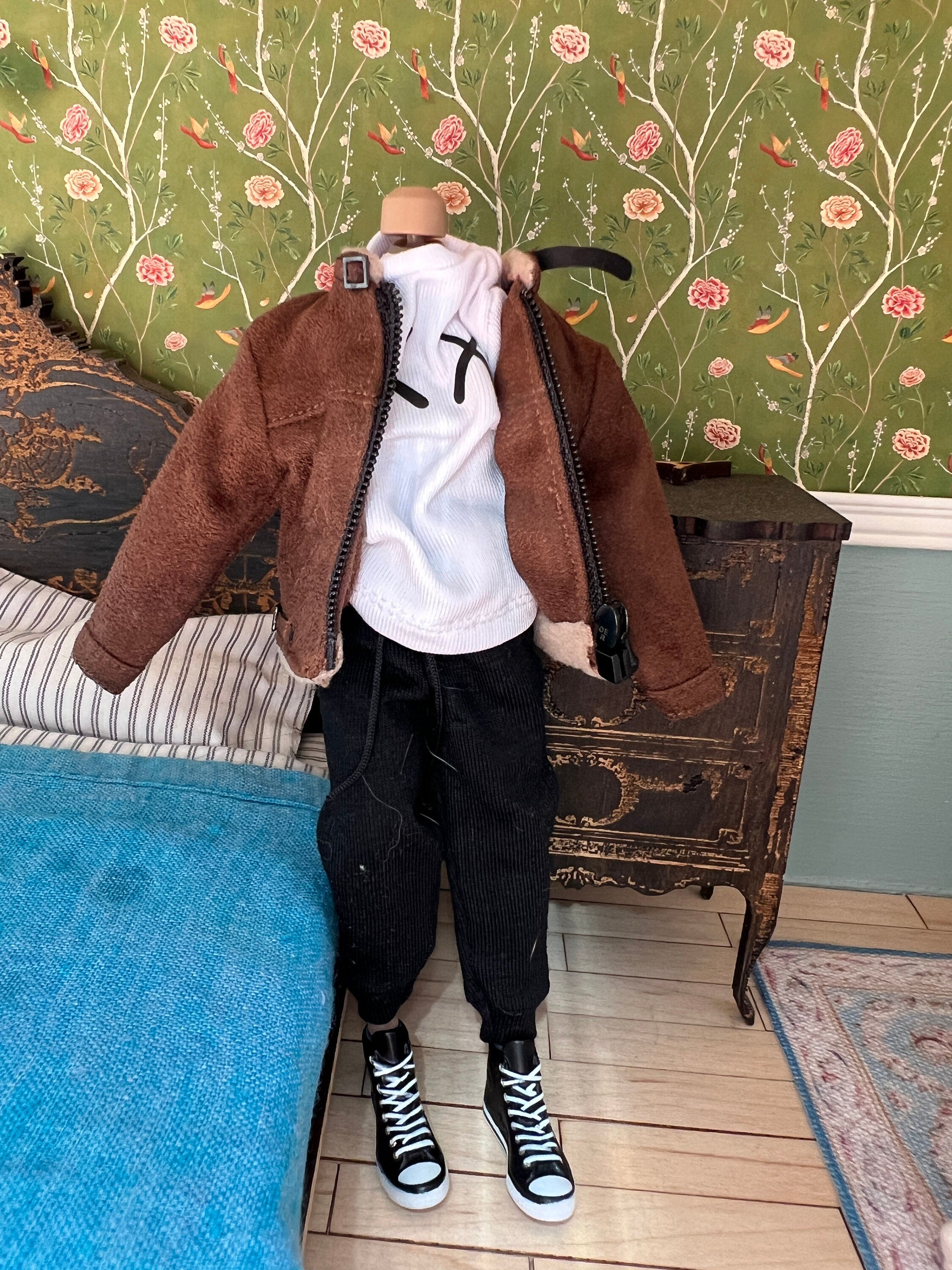 Dollhouse miniature coat jacket 1/12 brown faux leather suede jacket