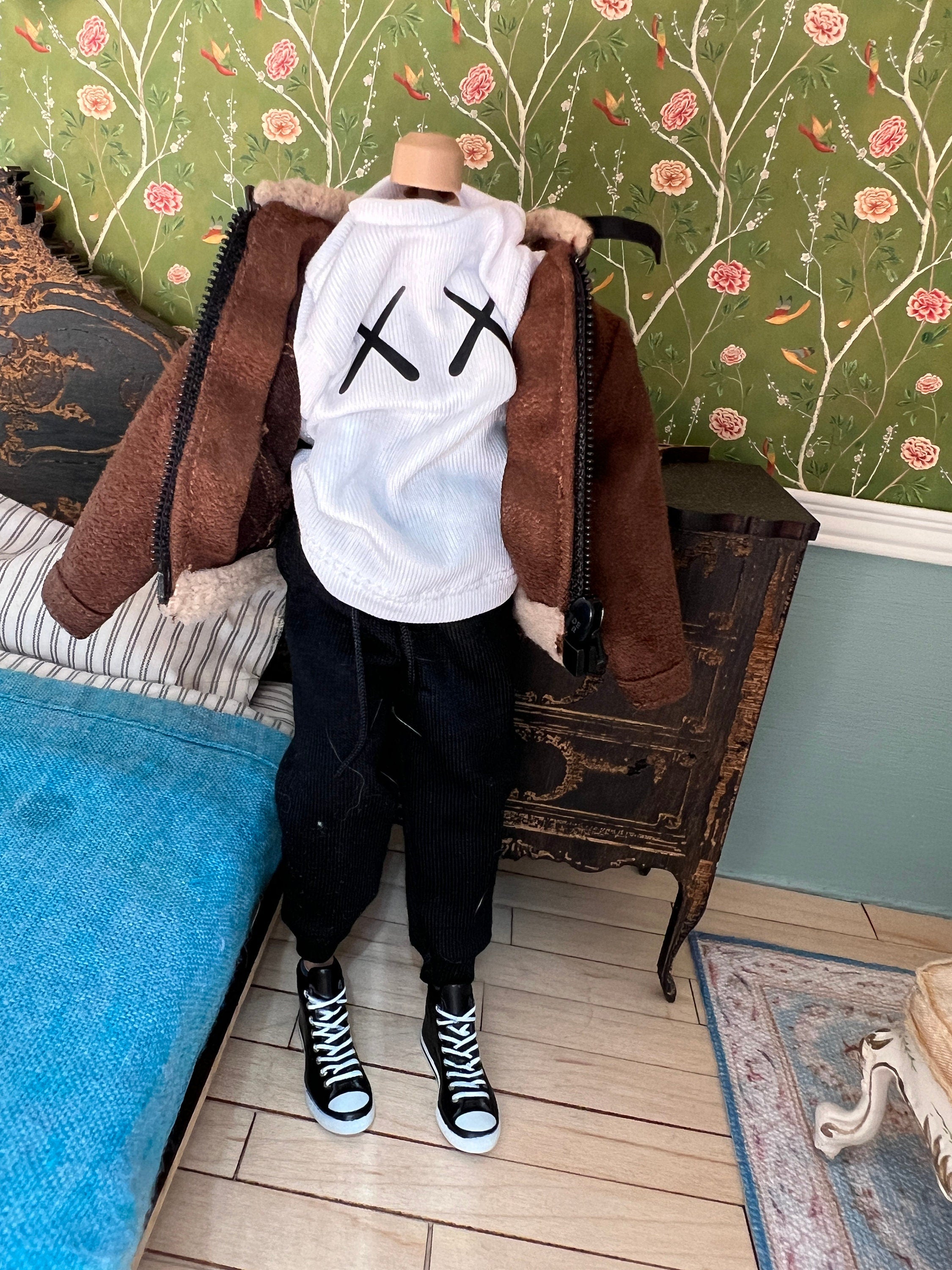 Dollhouse miniature coat jacket 1/12 brown faux leather suede jacket