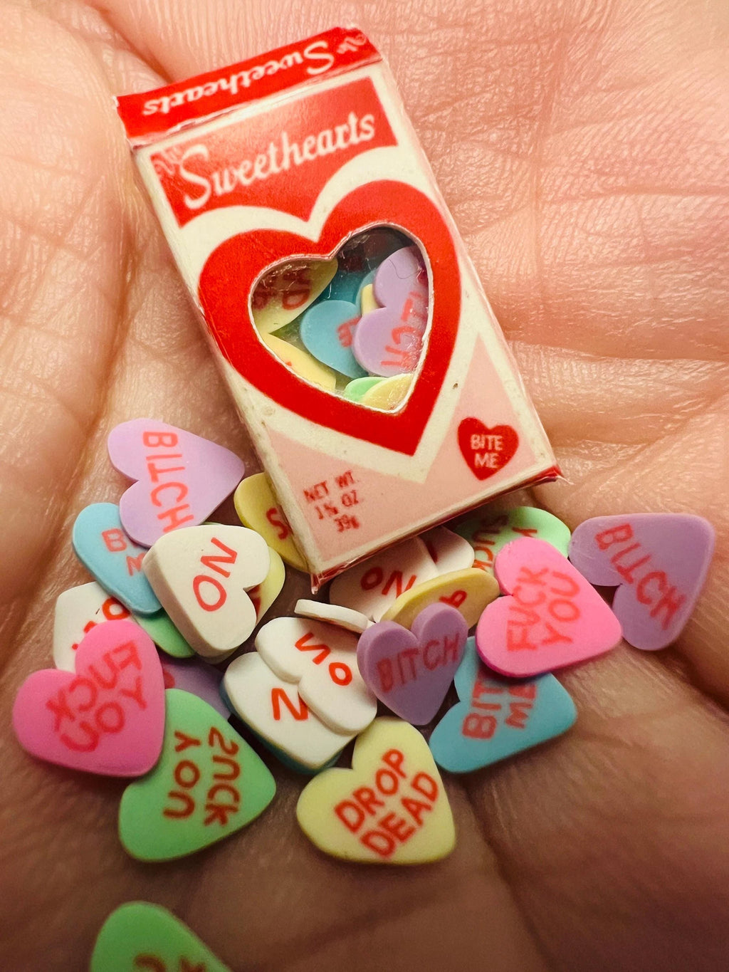 Dollhouse miniature Valentines Day candy hearts, ANTI VALENTINE'S DAY, 1/12 scale 1/6 scale