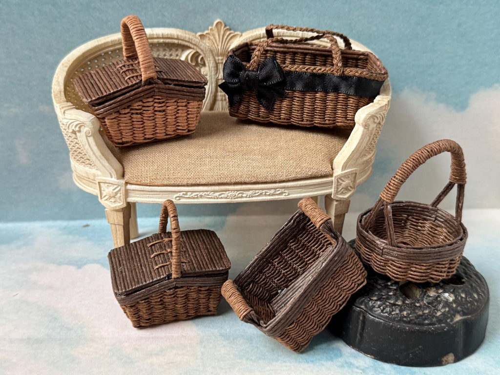 Dollhouse miniature handmade baskets,  picnic basket, 1/12 scale basket, miniature wicker basket