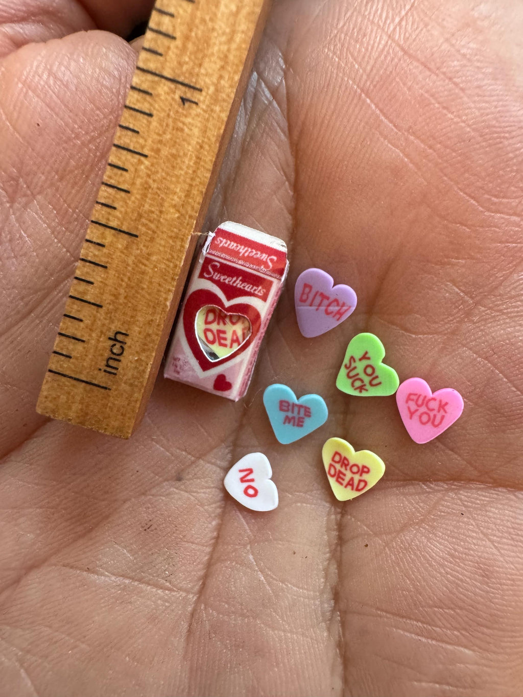 Dollhouse miniature Valentines Day candy hearts, ANTI VALENTINE'S DAY, 1/12 scale 1/6 scale