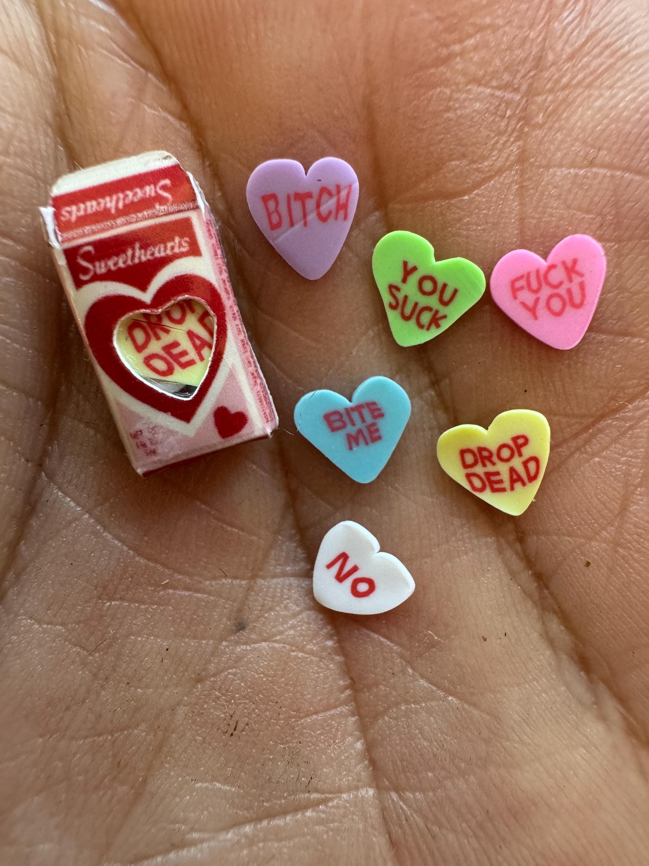 Dollhouse miniature Valentines Day candy hearts, ANTI VALENTINE'S DAY, 1/12 scale 1/6 scale
